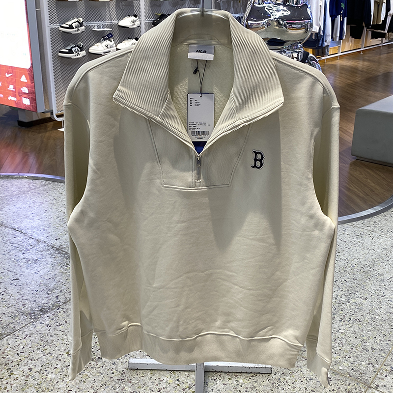 MLB情侣卫衣24秋季新款男女NY学院风翻领半拉链套头上衣3AMTB0944