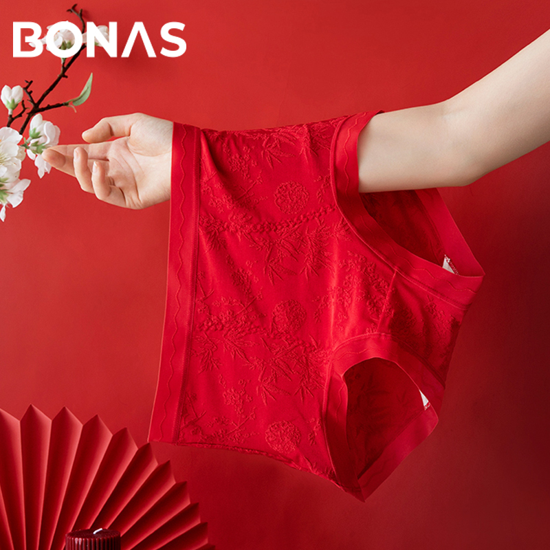 宝娜斯国风浮雕中国红高腰内裤