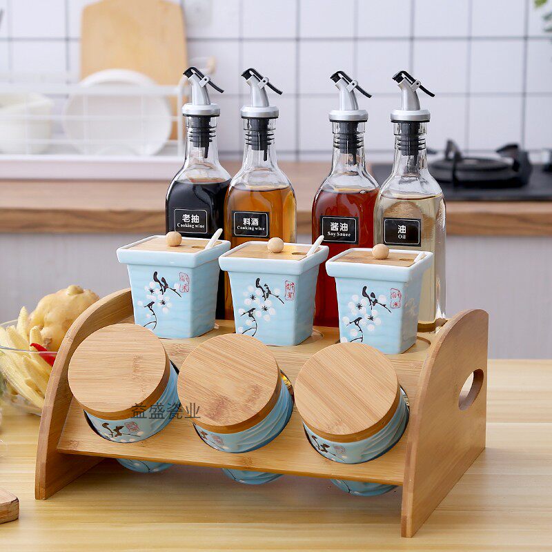 厨房有盖陶瓷调料盒盐罐调味罐密封罐精致收纳盒组合装油瓶套装