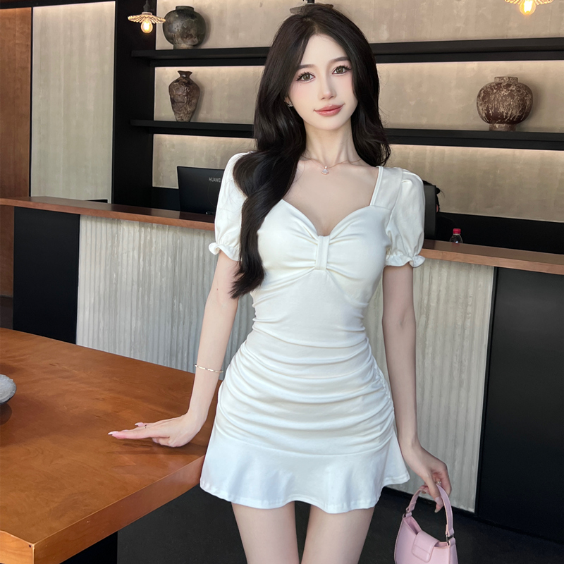 辣妹女装夜总店性感低胸V领露背紧身包臀短裙夜场上班白色连衣裙