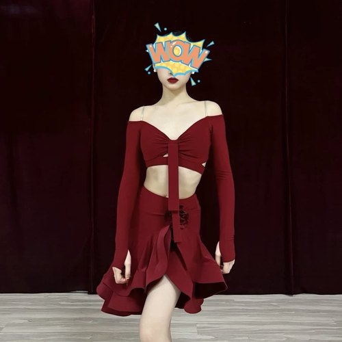 新重工半身裙高级拉丁舞蹈练功服女带底裤时尚酒红色长袖性感套装