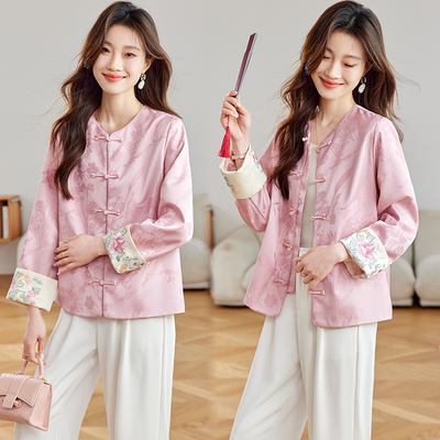 甜美中式绣花卷边宽袖提花短外套