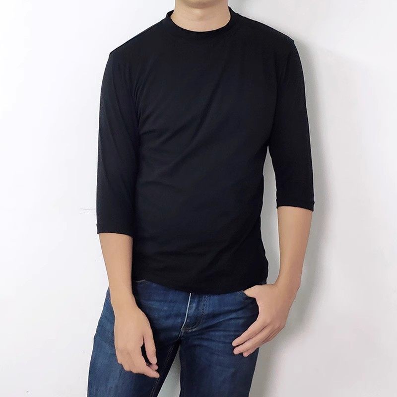 2025新款纯棉小高领七分袖T恤男修身立领中袖休闲内搭打底衫上衣