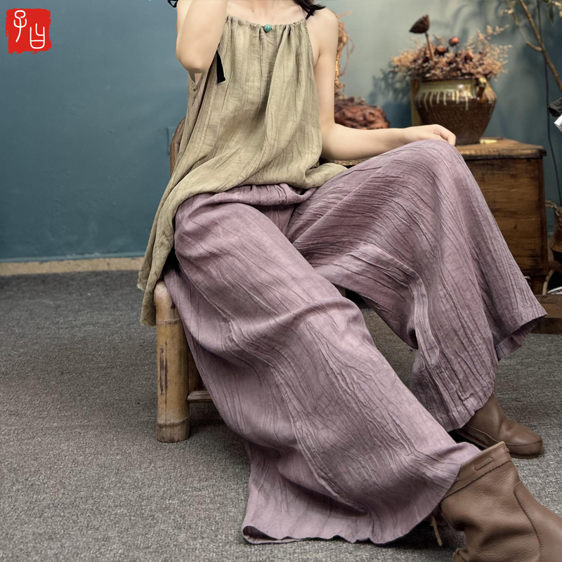 子曰原创文艺复古扎染肌理褶皱苎麻宽腿长裤松紧腰显瘦百搭阔腿裤