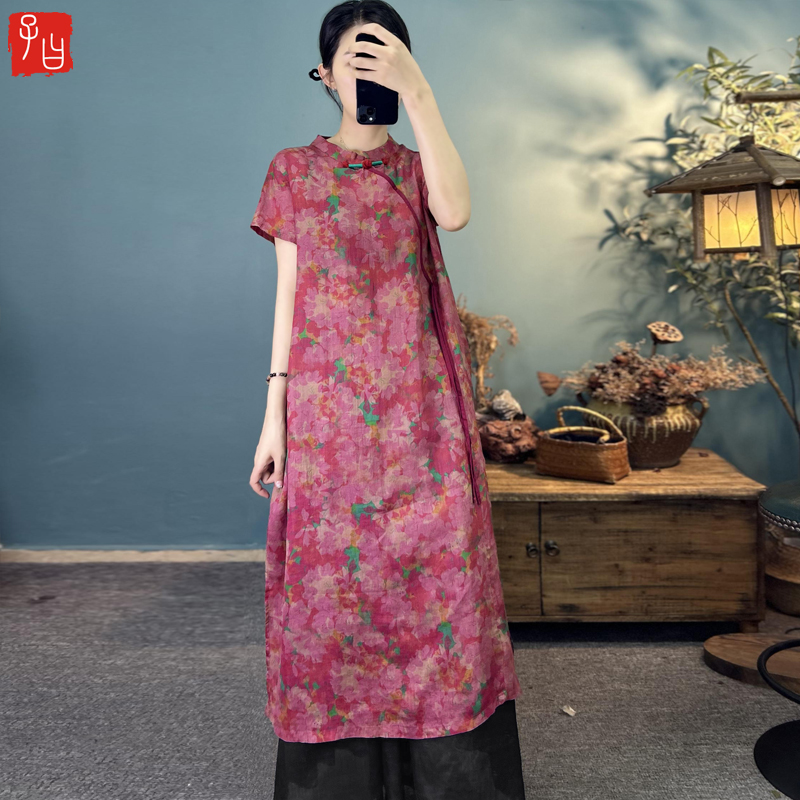 子曰復(fù)古水洗苧麻數(shù)碼印花長(zhǎng)袍國(guó)風(fēng)斜襟盤扣飄帶連衣裙改良旗袍裙