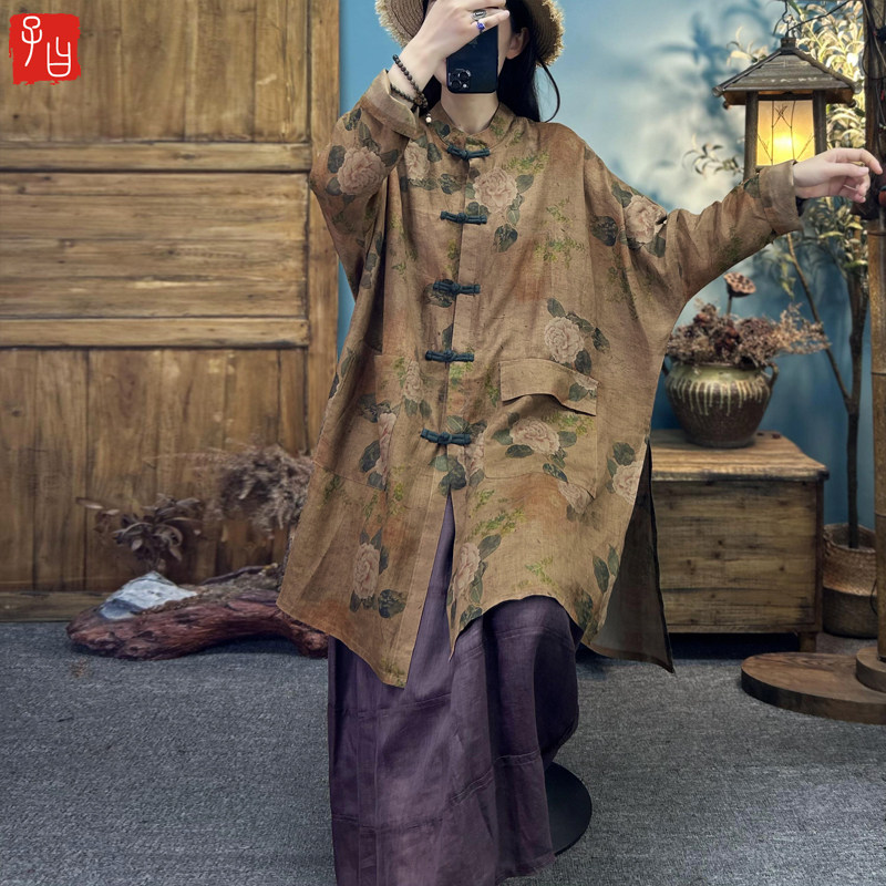 子曰中国风对襟盘扣苎麻开衫飘逸茶服民族风印花大版中长防晒外搭
