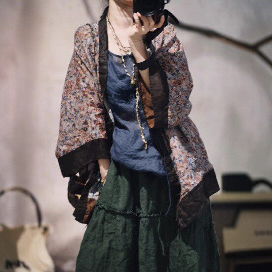 子曰原创复古宽松苎麻印花系带外搭女手工缝线撞色拼接开衫防晒衫