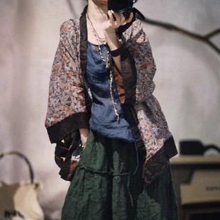 子曰原创复古宽松苎麻印花系带外搭女手工缝线撞色拼接开衫 防晒衫