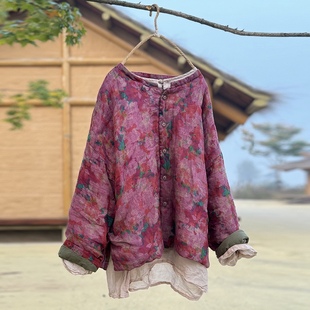子曰原创高支数码印花苎麻夹棉小袄宽松文艺保暖棉衣外套轻柔棉服