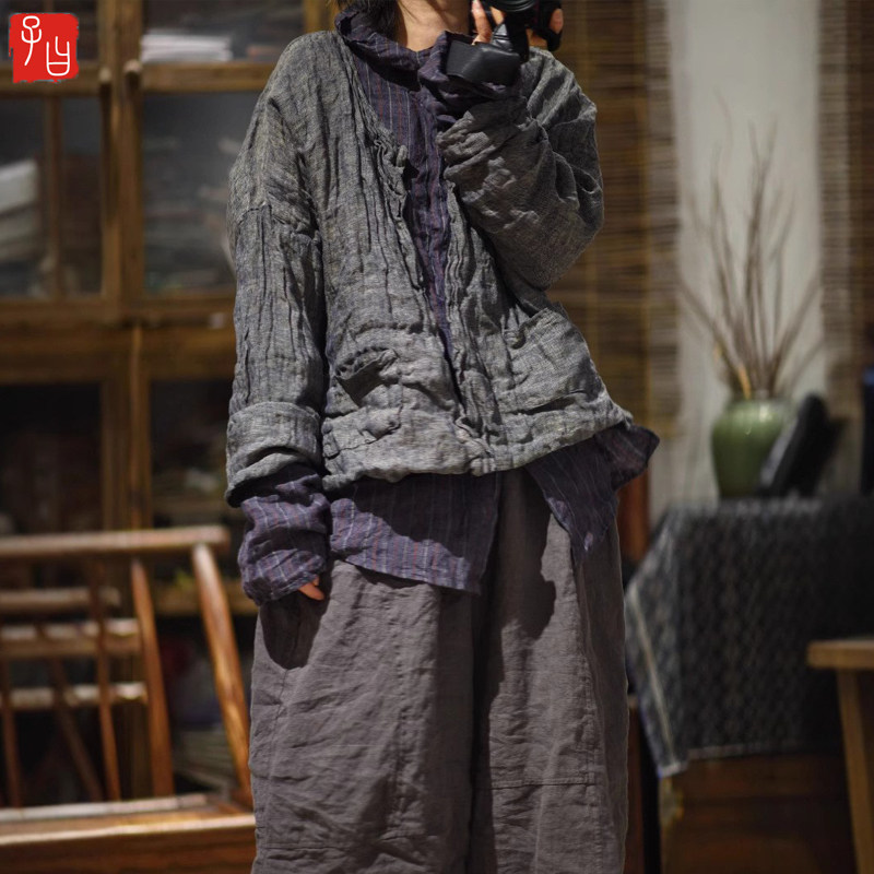 色织亚麻双层复古开衫