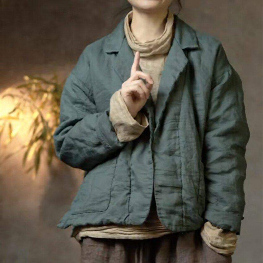 子曰原创文艺休闲百搭苎麻西装领夹棉外套棉袄女轻薄款舒适短棉衣