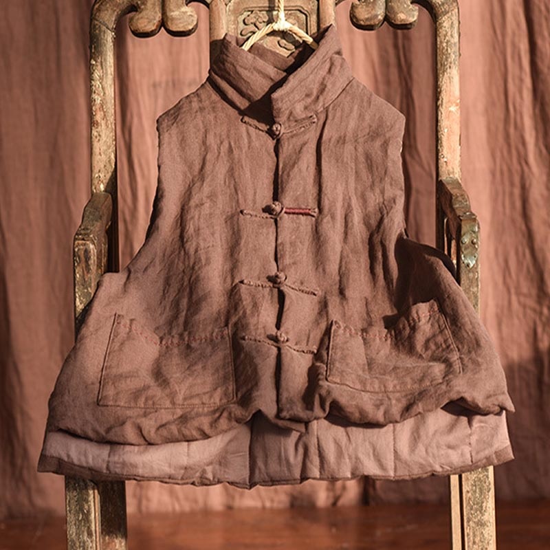 砂洗亚麻盘扣棉背心棉马甲