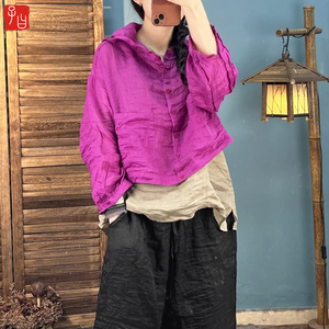 子曰原创轻薄细苎麻长袖连帽开衫女短款上衣宽松文艺防晒帽衫衬衣