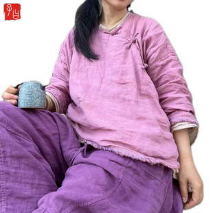 子曰原创高品质色织亚麻斜襟手缝盘扣衬衫女国风茶服下摆毛边上衣