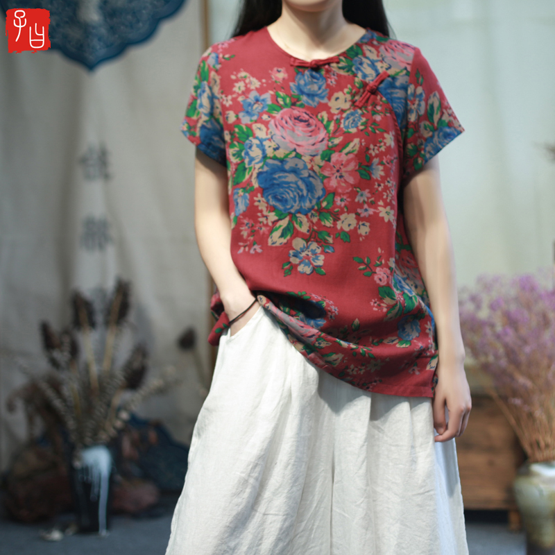 怀旧复古民族风大花短袖衬衫女23夏中式盘斜襟扣纯棉印花宽松上衣