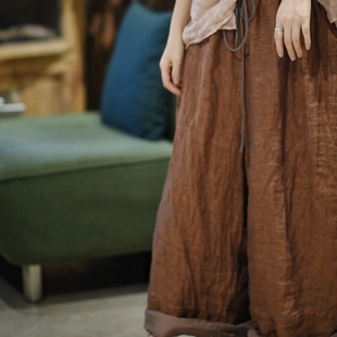 子曰原创宽松文艺色织亚麻阔腿裤 子松紧腰系带立体剪裁拼接九分裤