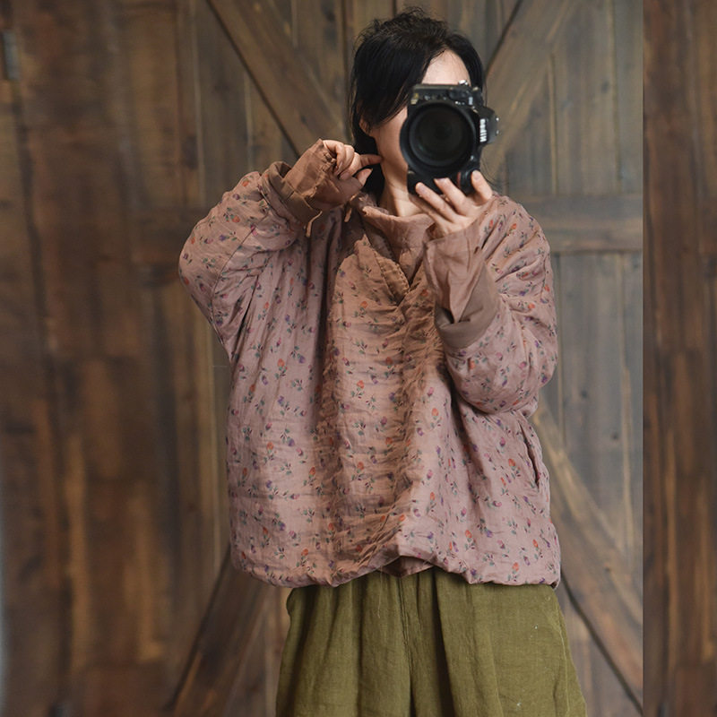 子曰原创数码印花苎麻棉服 中式手工缝线夹棉外套宽松套头V领棉衣