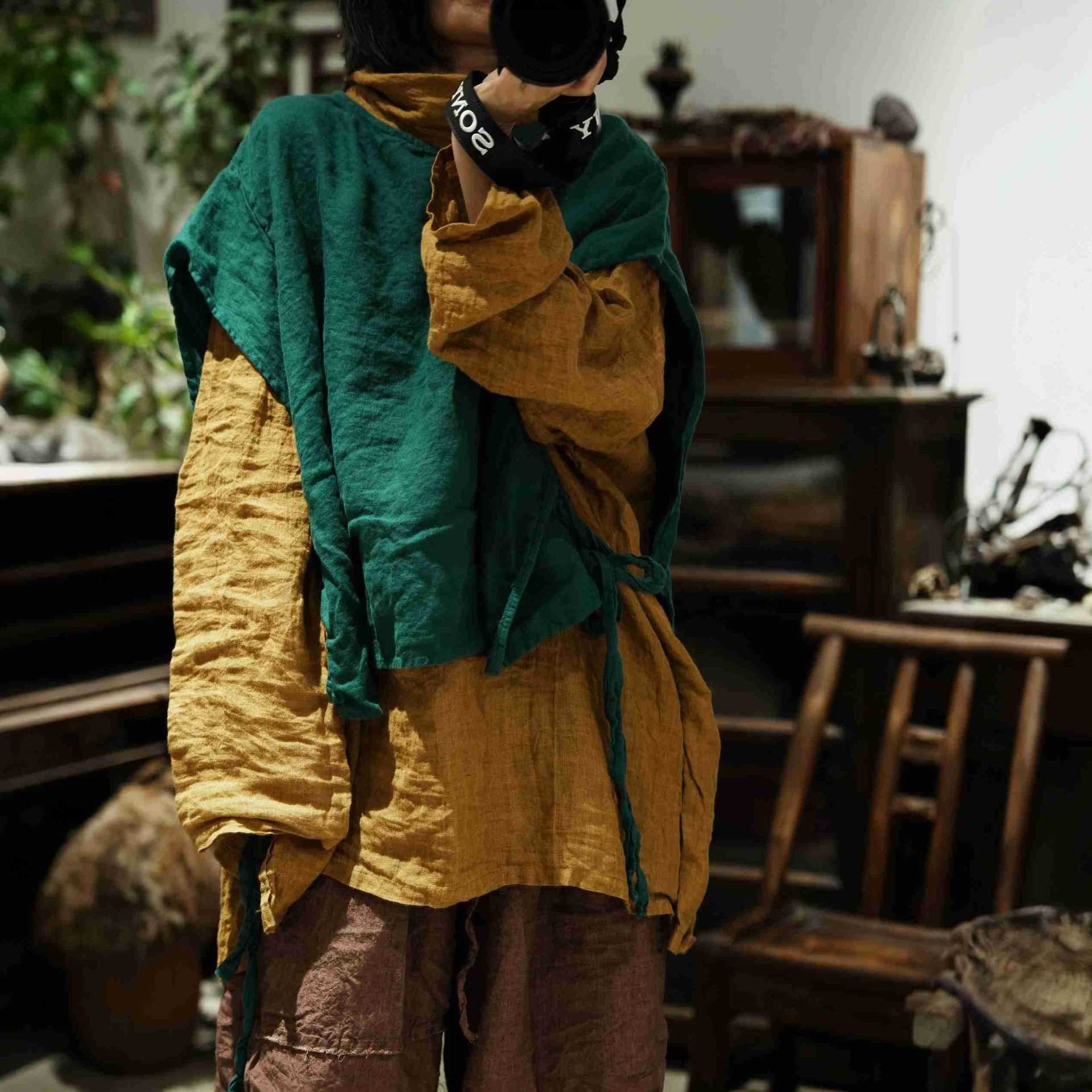混搭系带背心马甲亚麻坎肩
