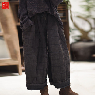 文艺宽松夹棉保暖休闲八分裤 子曰原创复古双层格格抽绳棉裤 阔腿裤