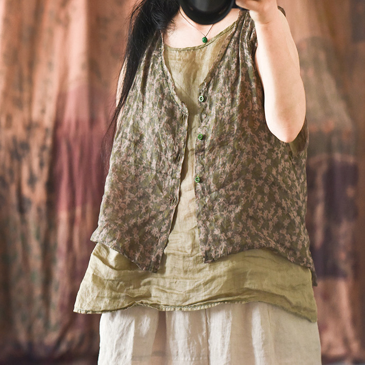 轻薄苎麻碎花毛边文艺复古开衫