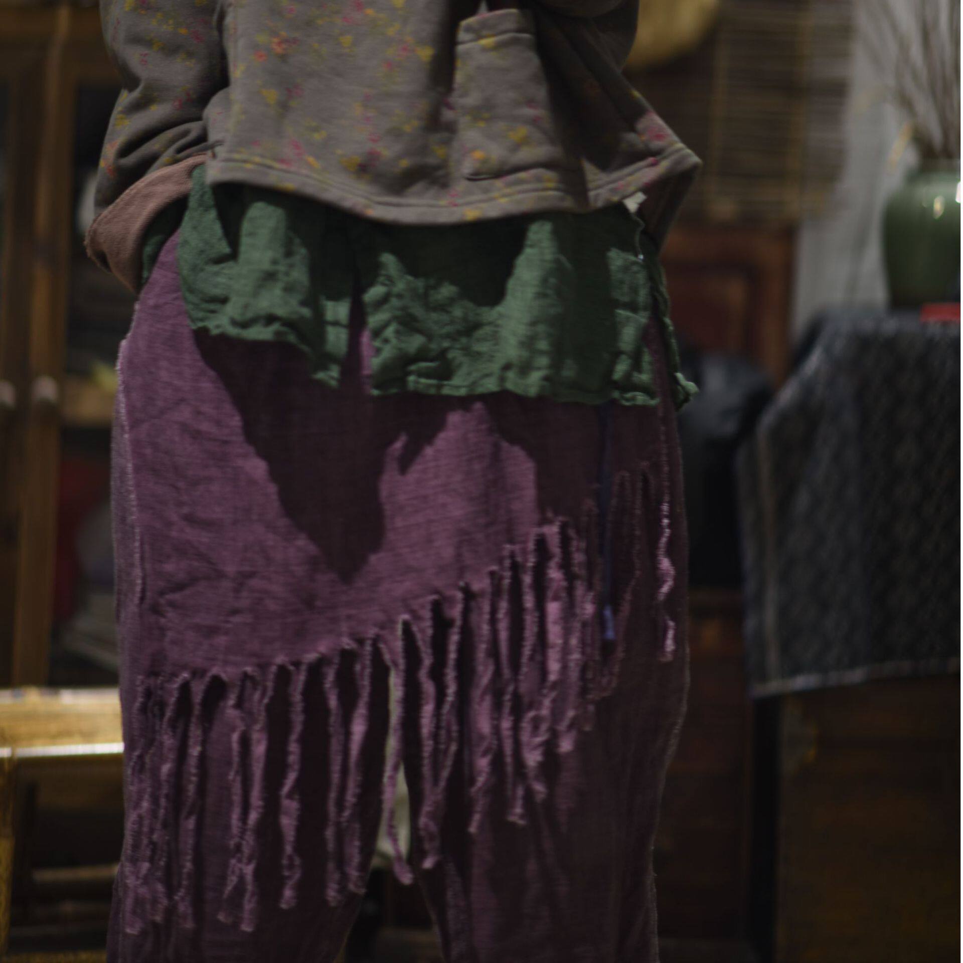 子曰原创春季新款复古亚麻不规则流苏休闲裤个性设计感宽松渔夫裤