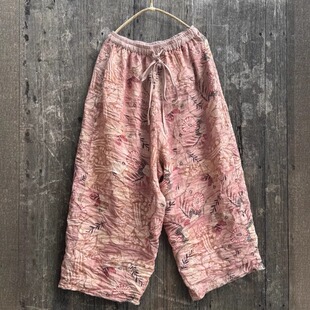 子曰原创新款复古砂洗印花亚麻透气阔腿裤休闲裤松紧腰系绳九分裤