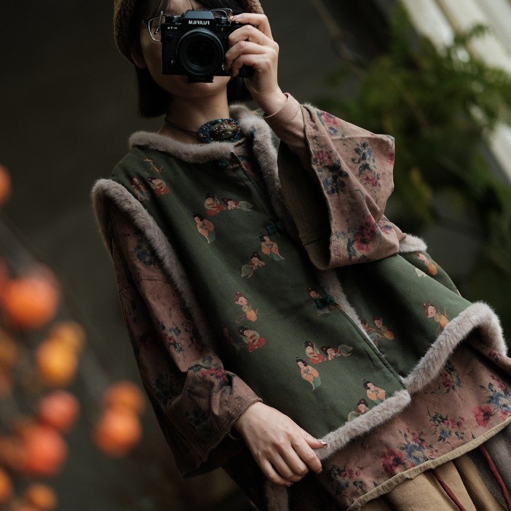 子曰原创设计复古毛毛拼接夹棉马夹坎肩女唐宫仕女图印花背心棉衣