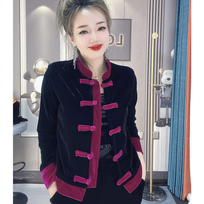 国潮风黑色丝绒拼贡缎唐装外套女