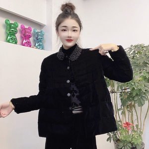 冬季黑色丝绒重工钉珠娃娃领棉服外套女时尚显瘦减龄小棉袄厚棉衣