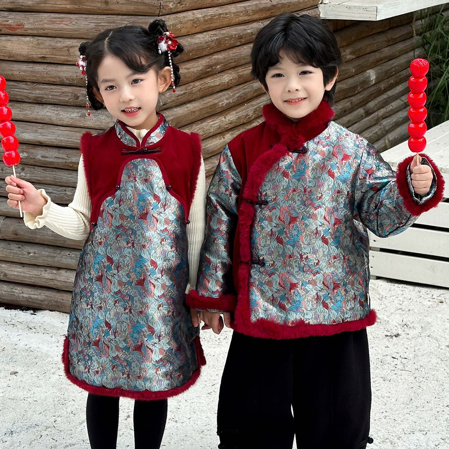 新款拜年服男童加厚儿童过年服装女童汉服女宝年服唐装男宝喜庆服