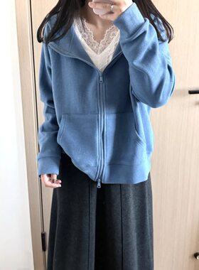 品质款！雾霾蓝连帽软糯卫衣外套女加厚磨毛双拉链开衫上衣秋冬