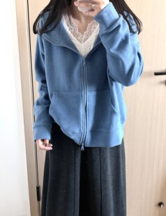 品质款！雾霾蓝连帽软糯卫衣外套女加厚磨毛双拉链开衫上衣秋冬