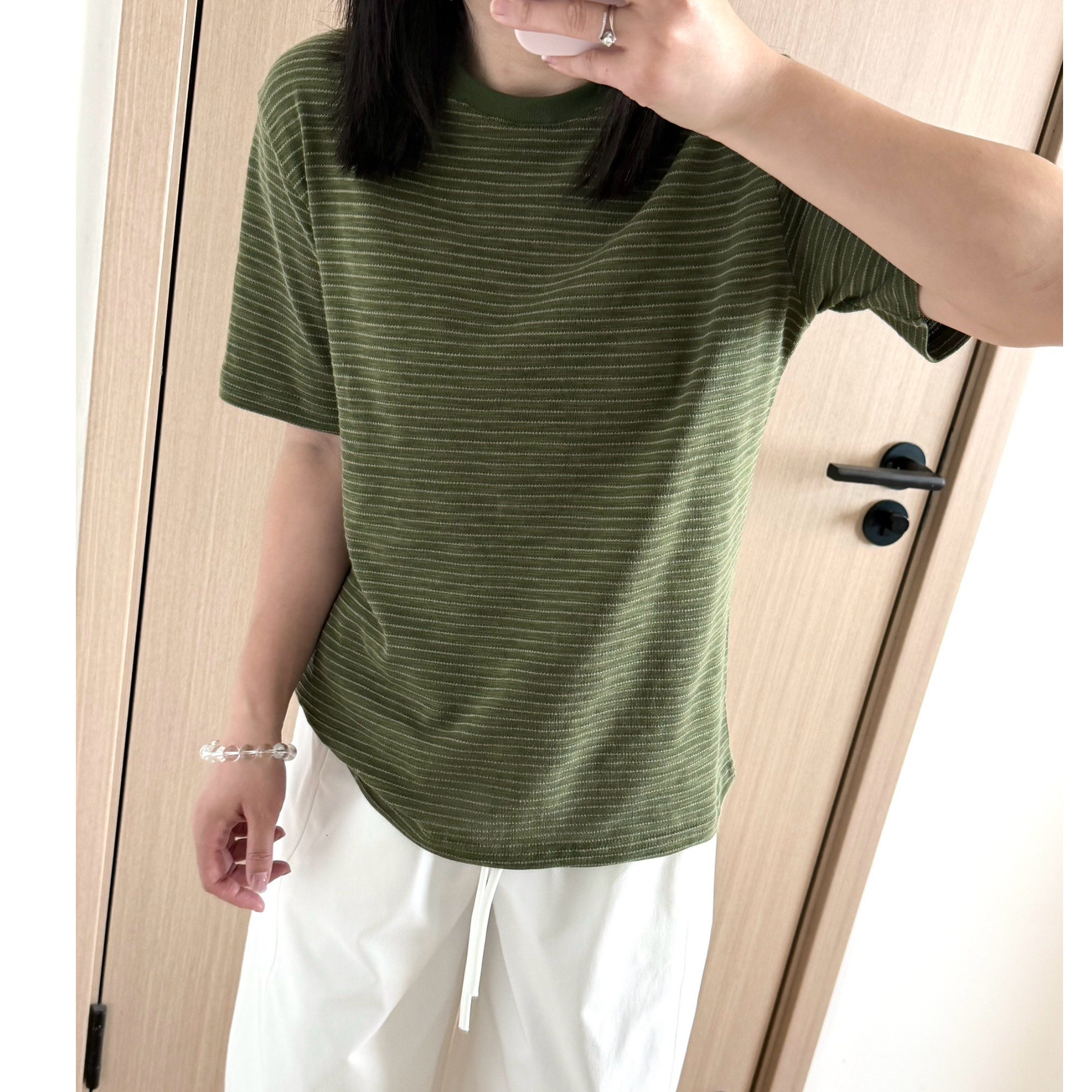 显白绿条纹！韩系简约气质条纹短袖T恤女春夏季独特小众上衣