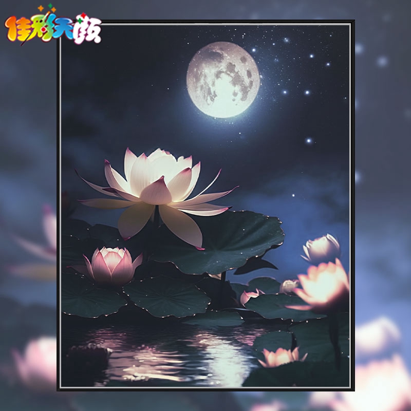 佳彩天颜 数字油画diy手工手绘填色油彩画月下荷花客厅卧室装饰画图片