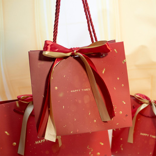 高级感红色礼品袋结婚糖果新年包装 袋圣诞节伴手礼生日手提纸袋大