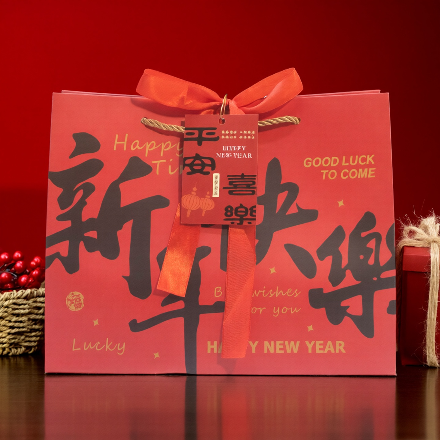 新年快乐礼品袋红色高级感年会包装袋元旦节庆手提纸袋生日伴手礼