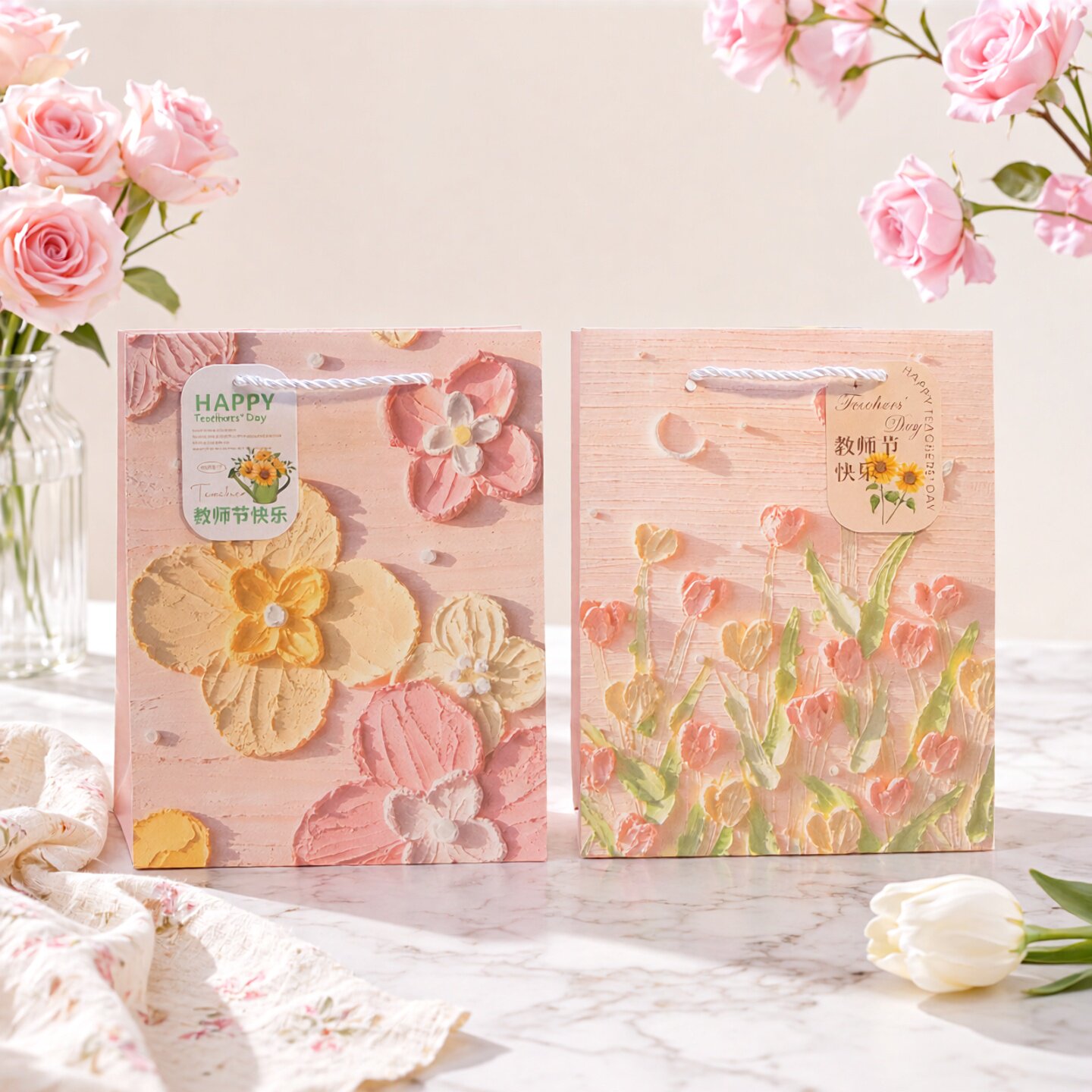 高级感教师节高颜值礼品袋粉色郁金香包装袋生日伴手礼高档纸袋大