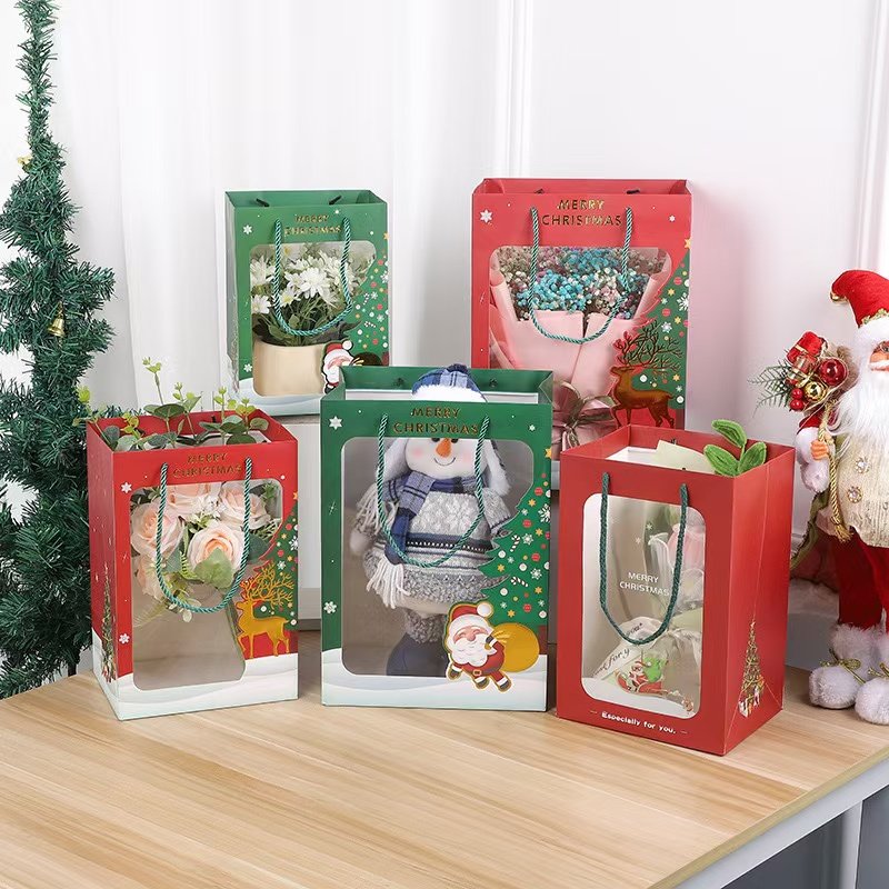 新款圣诞开窗礼品袋透明PVC平安夜包装袋平安果鲜花花束手提纸袋
