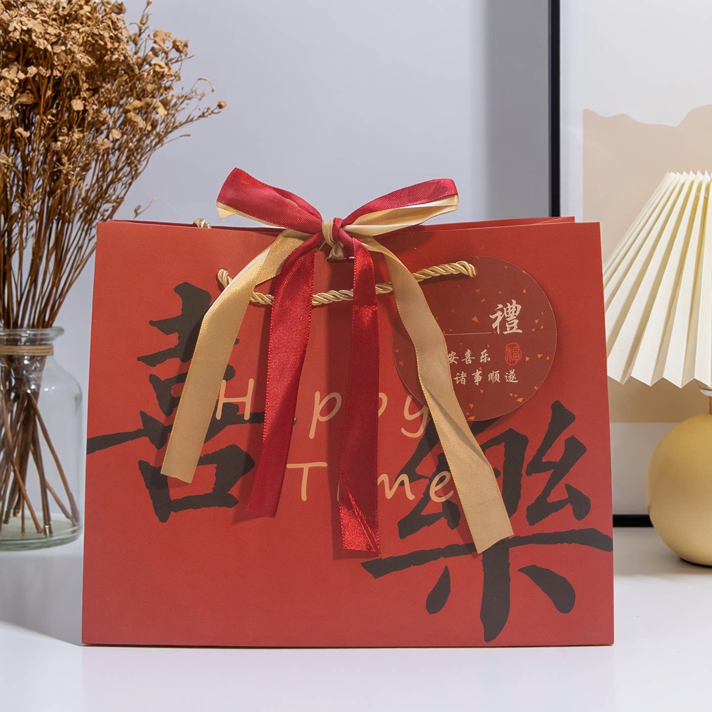 满月礼礼品袋成长礼包装袋红色宝宝百天礼纸袋中秋节庆手提袋生日