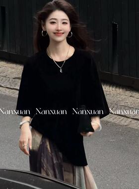 春季新款小众慵懒风宽松纯色薄款丝绒短袖T恤女百搭半袖体恤上衣