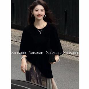 春季新款小众慵懒风宽松纯色薄款丝绒短袖T恤女百搭半袖体恤上衣
