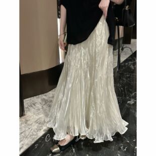 2026夏季新款气质显瘦高腰半身裙女高级感百搭乱皱珠光长裙子半裙