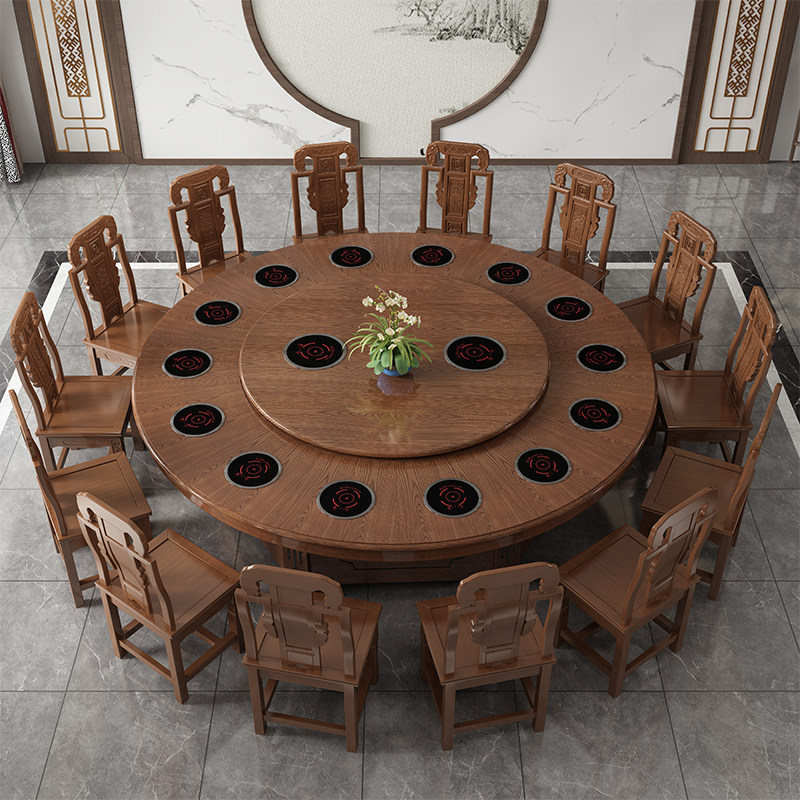 酒店电动餐桌椅组合饭店10人20人宴会火锅桌实木自动旋转大圆桌子