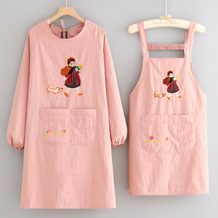 时尚简约刺绣长袖围裙厨房做饭家用餐饮上班专用工作服罩衣防污女