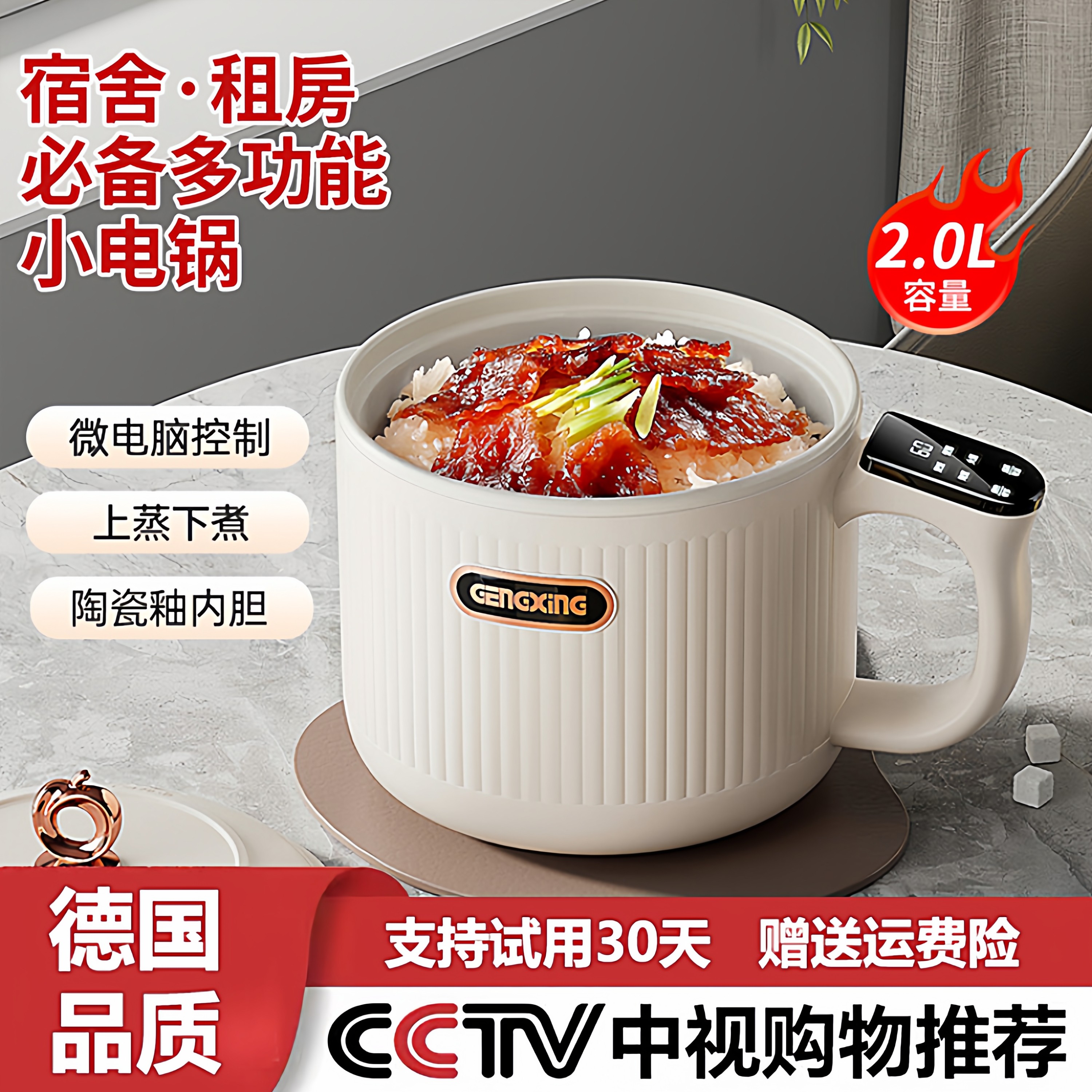 德国出口迷你电饭煲2L小型全自动电煮火锅蒸煮一体多功能煮粥煲汤