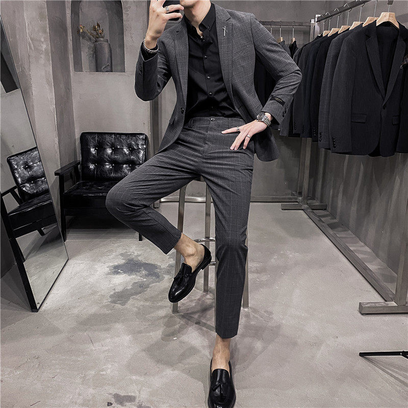 补齐大货~新款男士格子西装两件套修身西服套装蓝色LJT873-P230,男装西服套装,电商A213