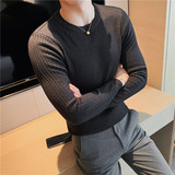 已补到大货暗条纹圆领毛衣男士套头毛衣修身针织衫白色M1550-P53，男装针织衫/毛衣，电商A213
