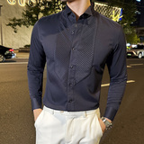 宴会绅士礼服法式翼领衬衫男长袖商务风琴褶衬衣宝蓝色C2353-P73，男装衬衫，电商A213