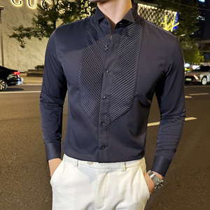 宴会绅士礼服法式翼领衬衫男长袖商务风琴褶衬衣宝蓝色C2353-P73图片