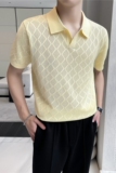 性感V领设计镂空针织翻领短袖男T恤修身洞洞Polo衫黄色PL9763-P63，男装T恤，电商A213